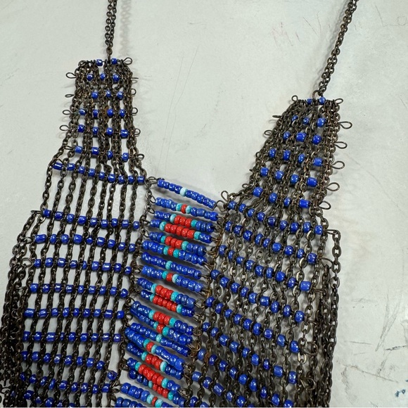 Vintage hand beaded handmade necklace tribal boho festival long red blue aztec - Picture 4 of 10